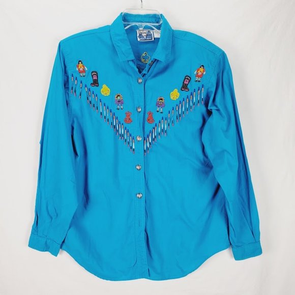 Vintage Tops - Vintage Blue Canyon Western Wear Shirt Large Beads
